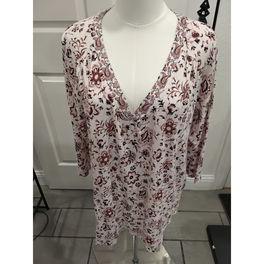 Lucky Brand Womens 1X Floral‎ Paisley V-Neck Tunic Top Boho Long Sleeve Blouse